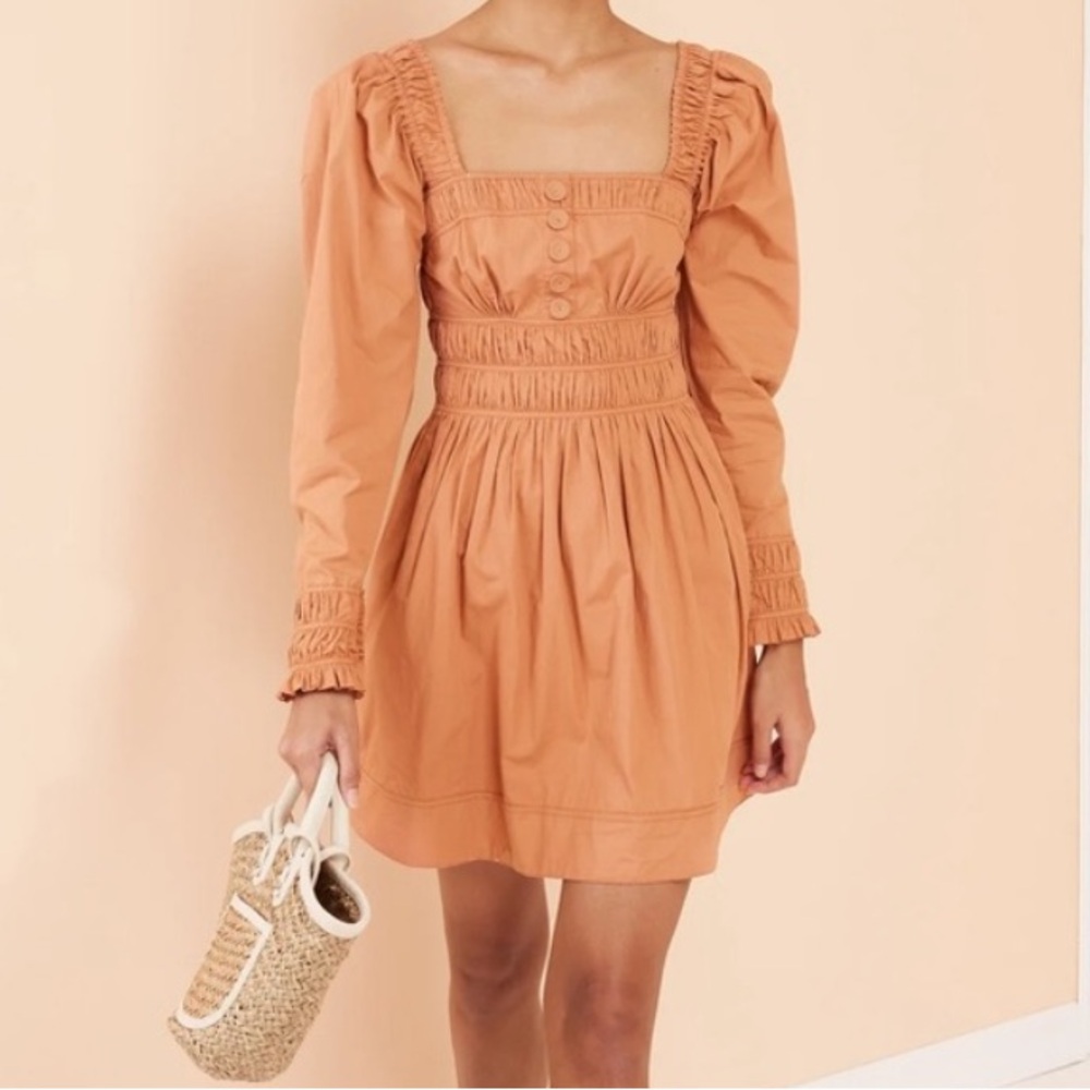Magali Pascal Dress Smocked Orange Long Sleeve Mini Dress Puff Shoulders Size S